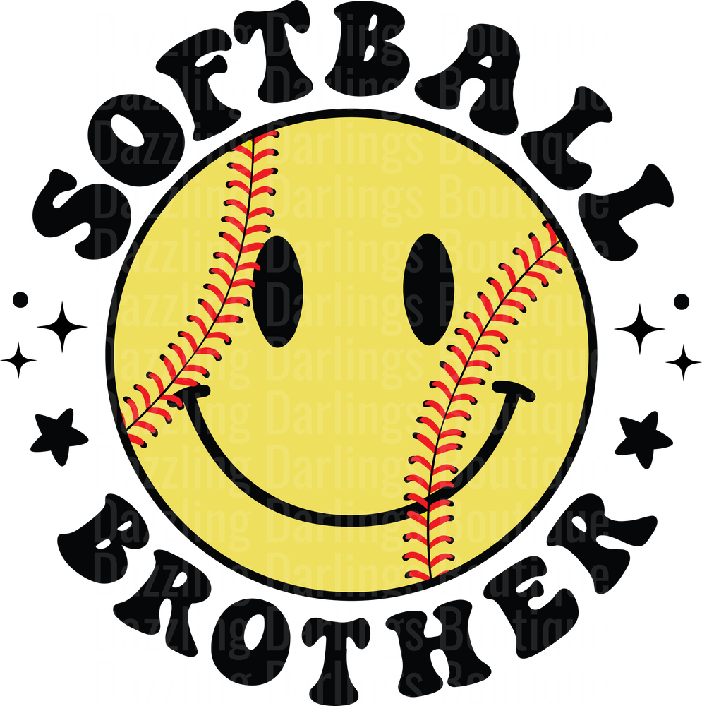 Softball Brother Smiley Face with Red Stitching and Stars
