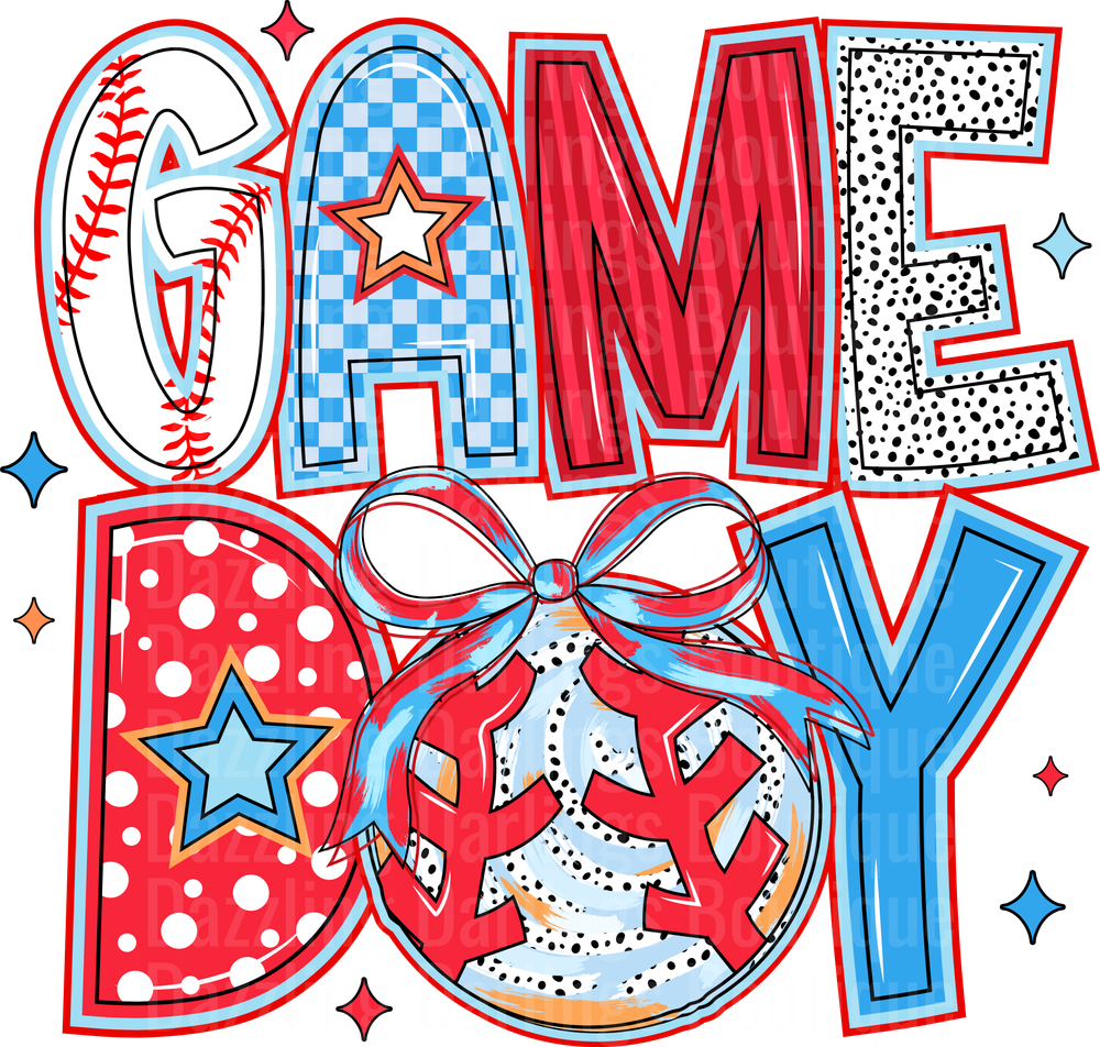 Game Day Baseball with Polka Dot and Checkered Pattern Letters