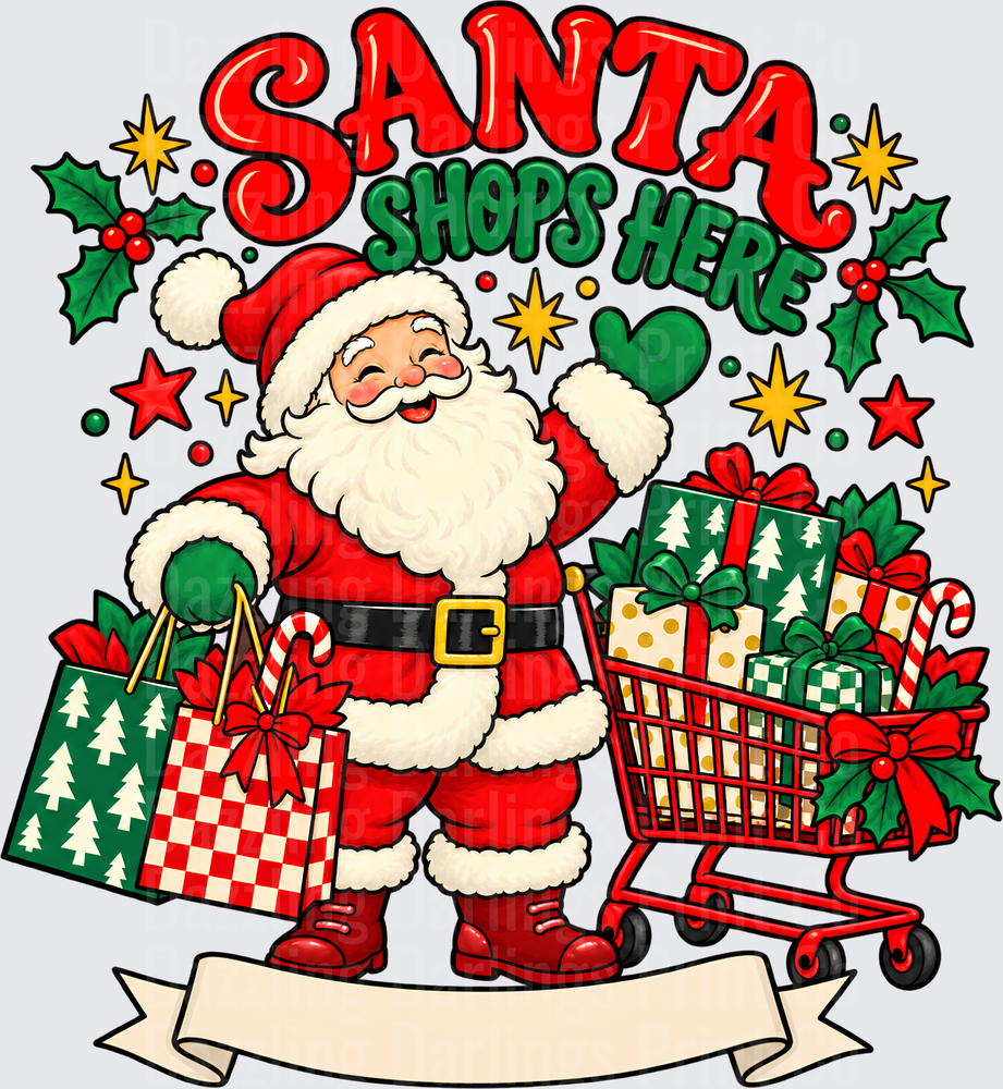 Santa Shops Here Holiday Shopping Cart Gift Bags Design