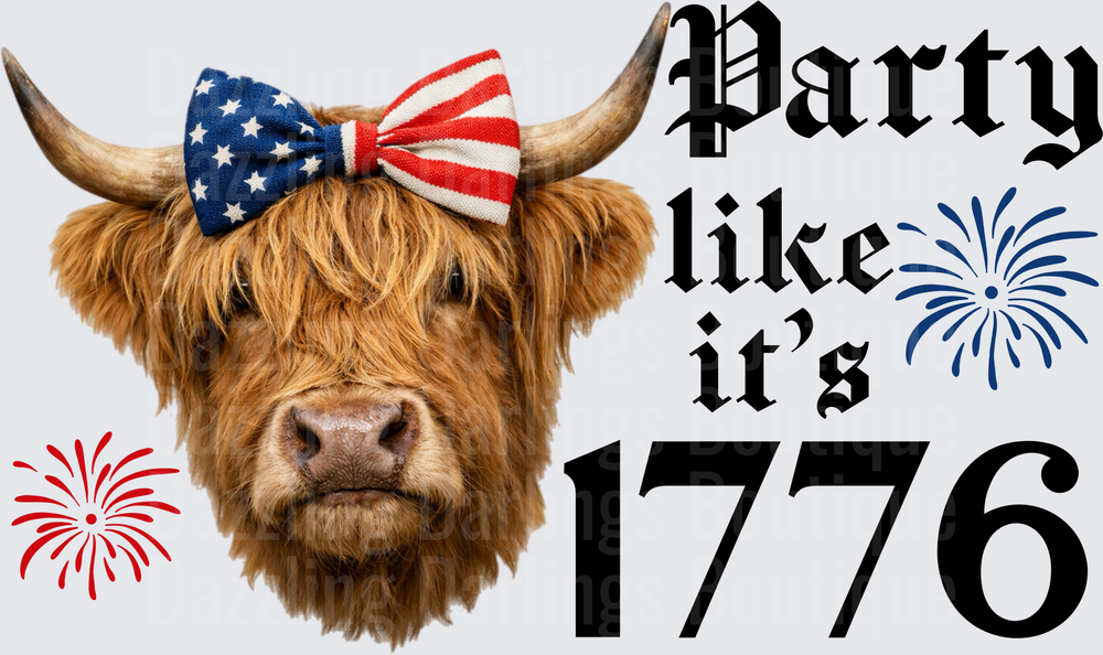 Party Like It's 1776 Highland Cow with American Flag Bow Tie