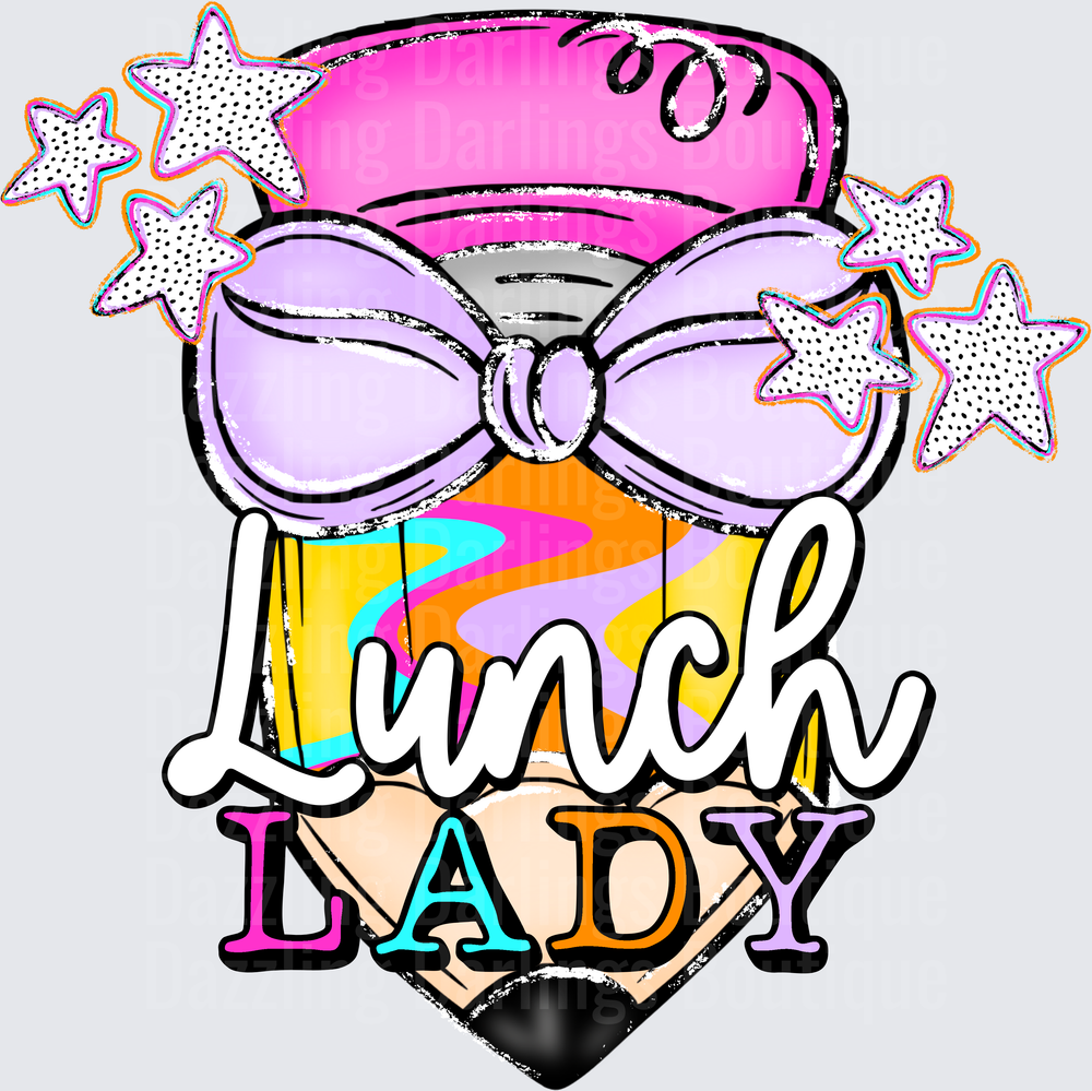 Lunch Lady Pencil with Purple Bow and Colorful Stars