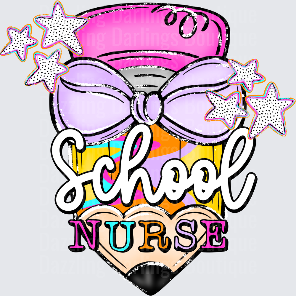 School Nurse Colorful Pencil with Bow and Stars Design