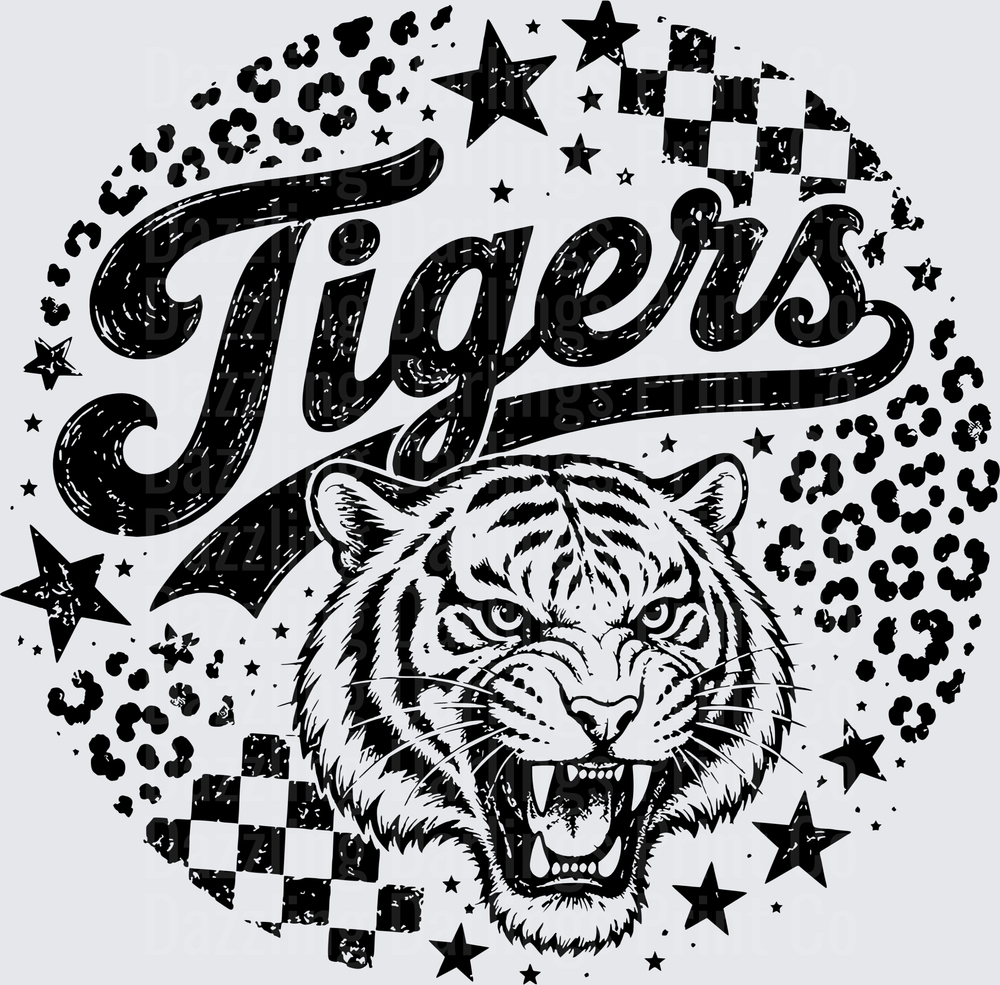 Tigers Roaring Tiger Face Leopard Print Checkered Stars