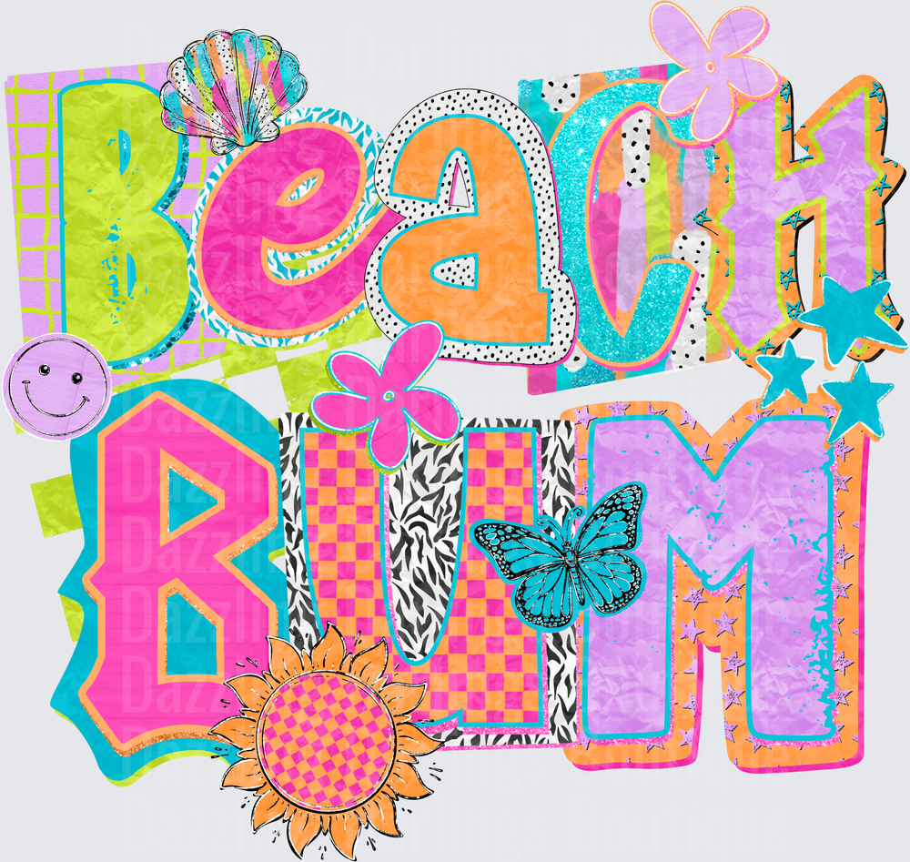 Beach Bum Colorful Typography with Flowers Butterfly and Sun