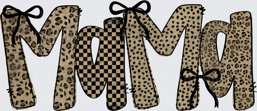 Leopard Print MAMA Letters with Black Bows and Checkered Pattern