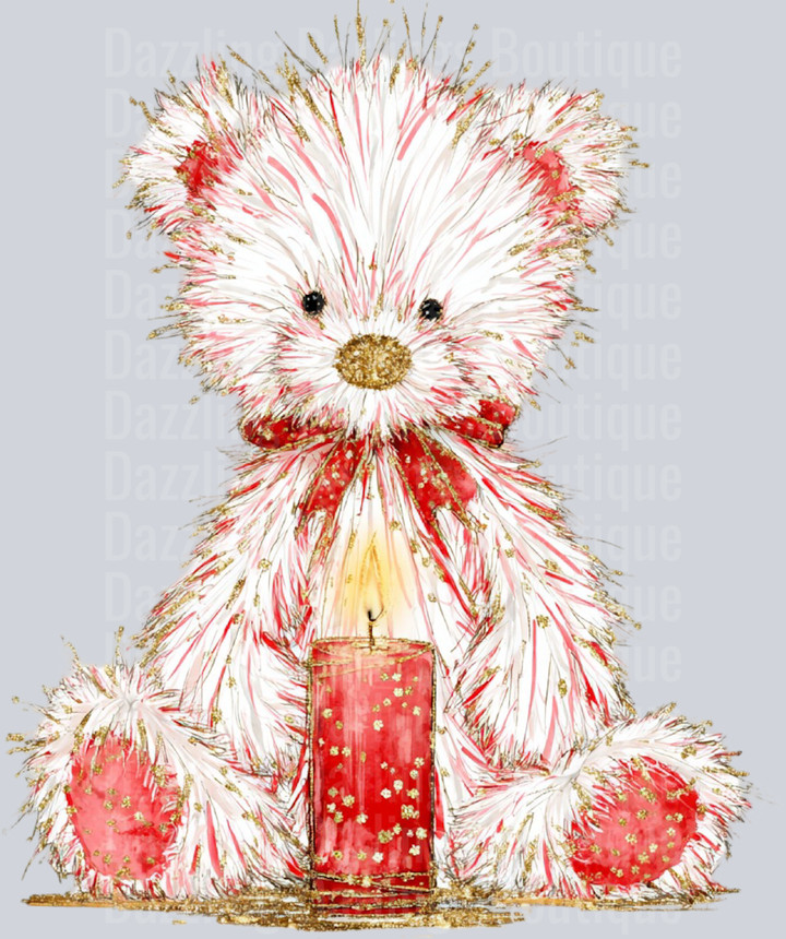 Christmas Teddy Bear White With Red Candle