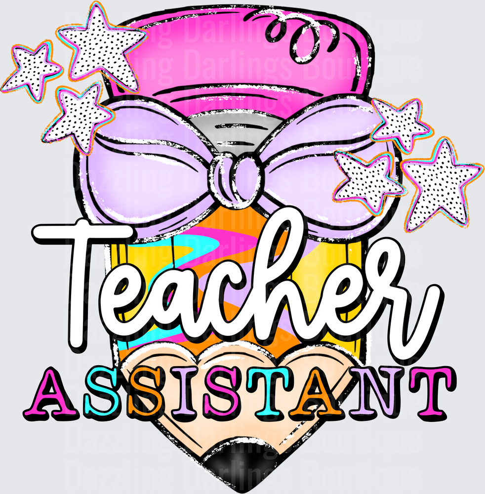 Teacher Assistant Colorful Pencil Purple Bow Stars Design