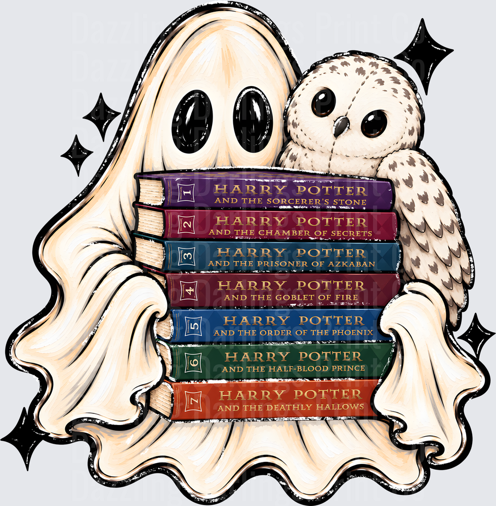Cute Ghost Hugging Harry Potter Book Series with Hedwig Owl