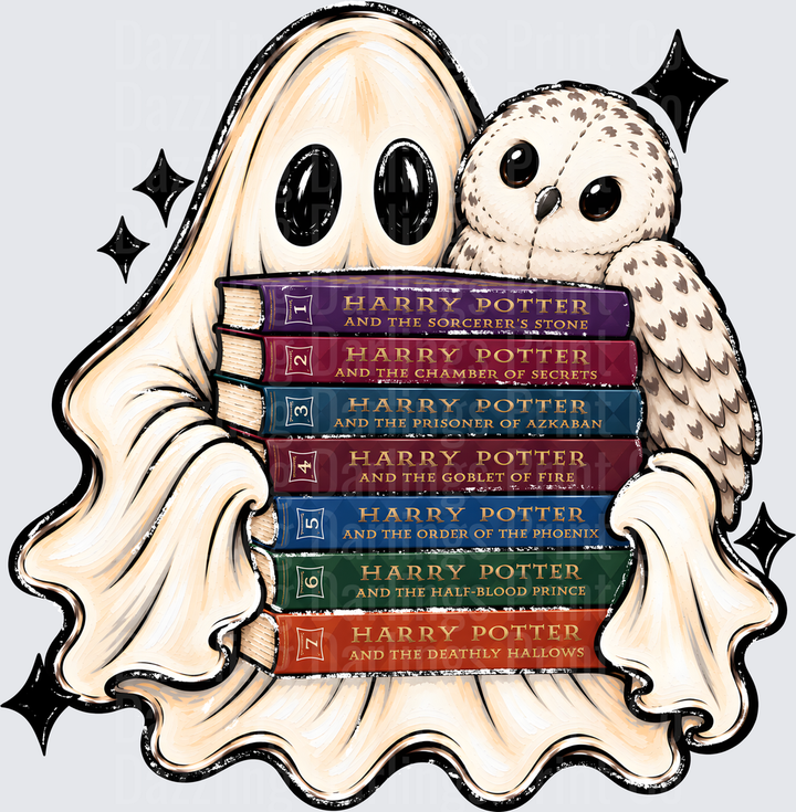 Cute Ghost Hugging Harry Potter Book Series with Hedwig Owl