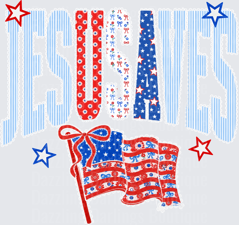 Jesus Loves USA Patriotic Floral Flag Stars Design