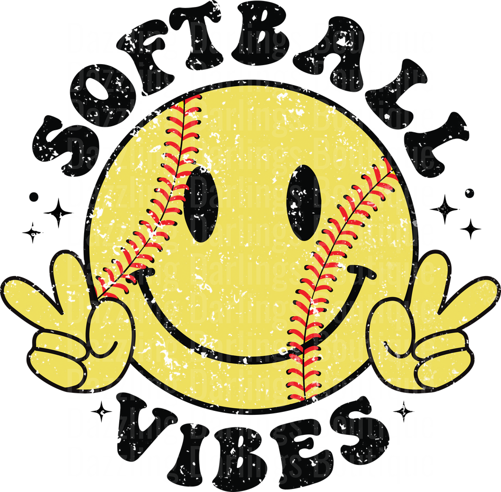 Softball Vibes Smiley Face with Peace Sign Hands