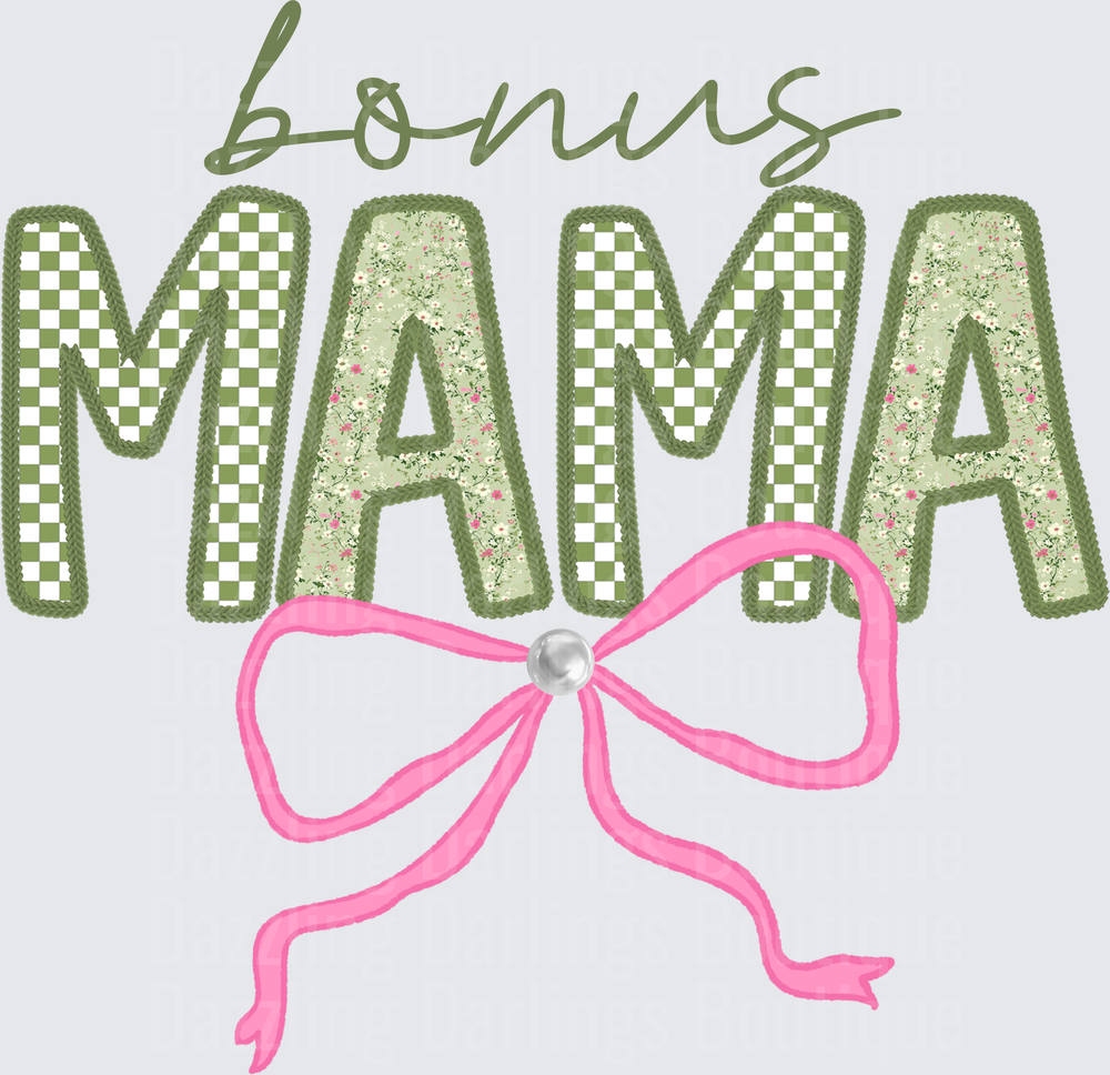 Bonus Mama Green Floral Checkered Letters with Pink Bow