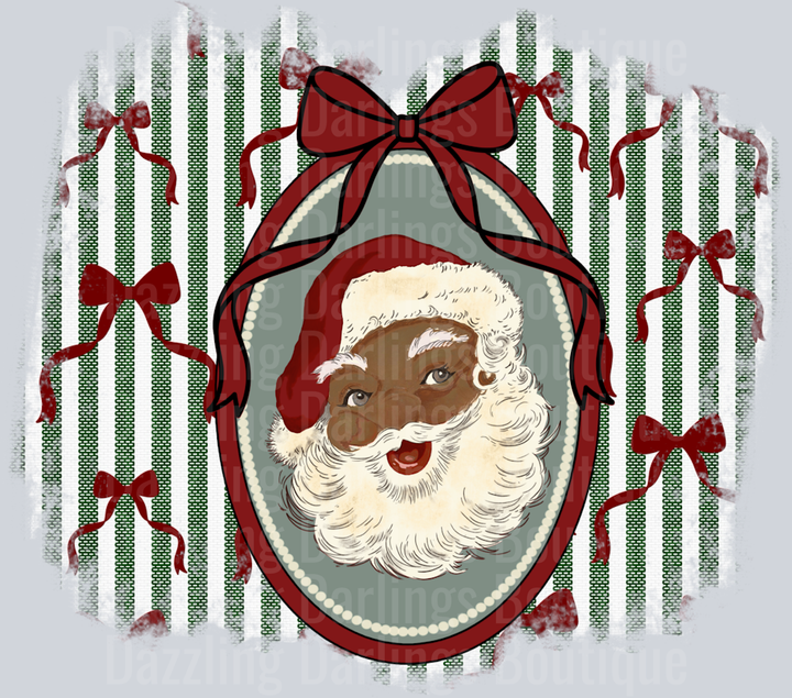 Black Santa Vintage Oval Frame Green Stripes Bows