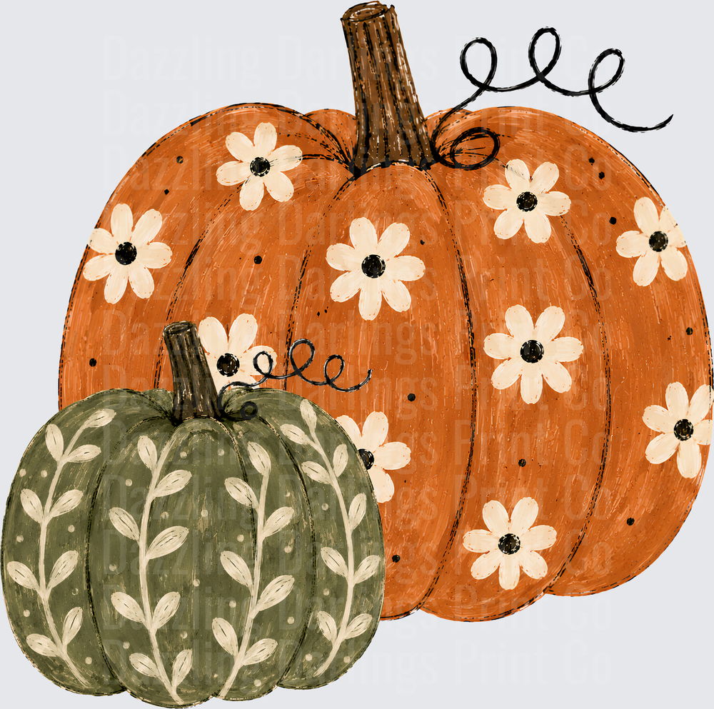 Boho Floral Pumpkin Duo Fall Harvest Botanical Design