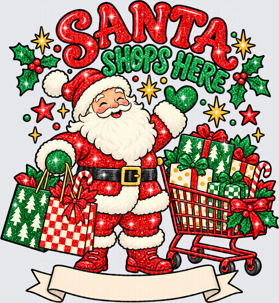 Santa Shops Here Glitter Santa with Shopping Cart and Gifts