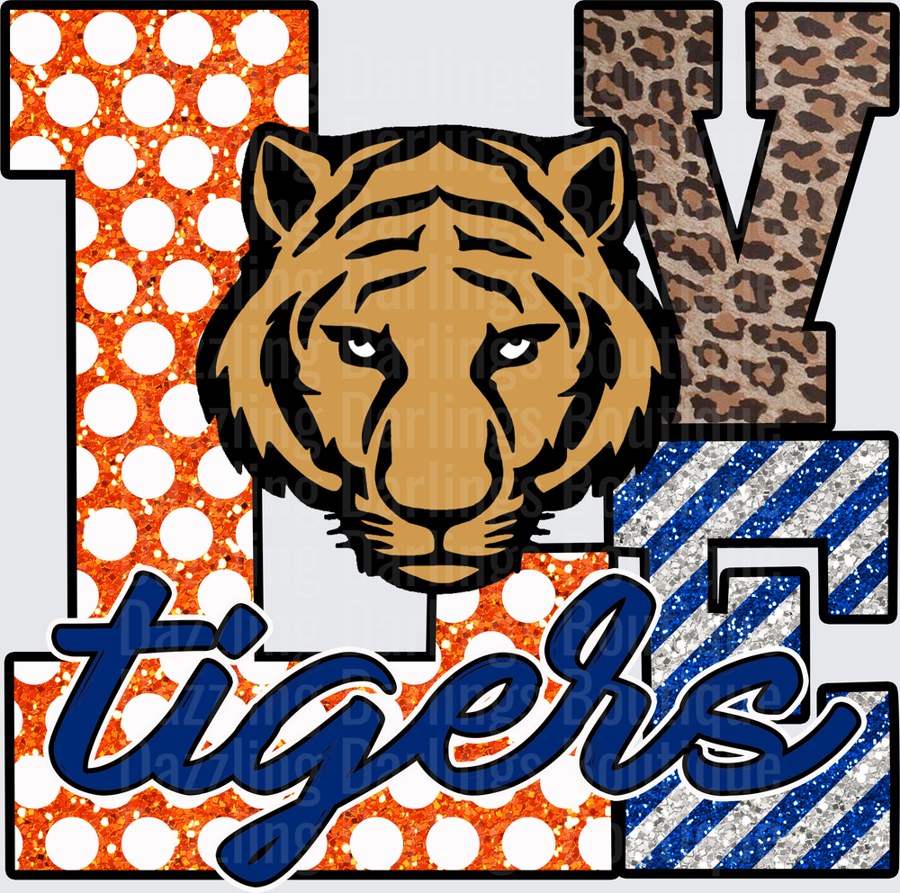 LOVE Tigers Mascot Glitter Leopard Print Block Letters