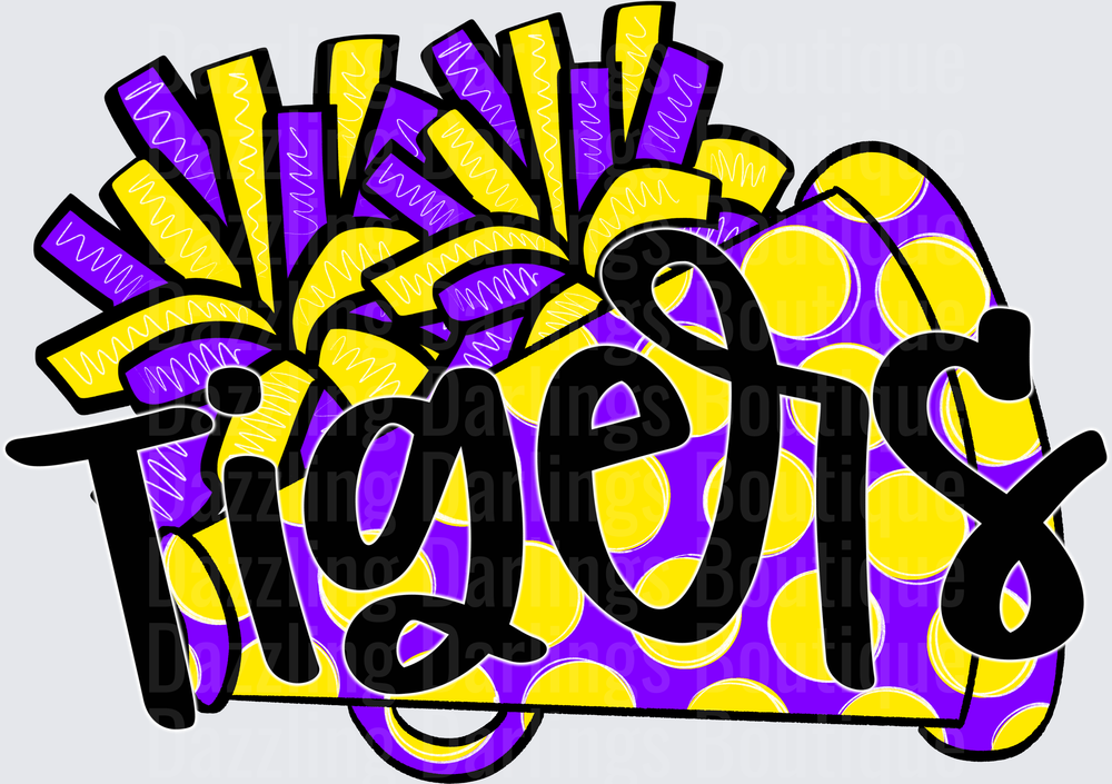 Tigers Purple and Gold Polka Dot Pom Pom Script Design
