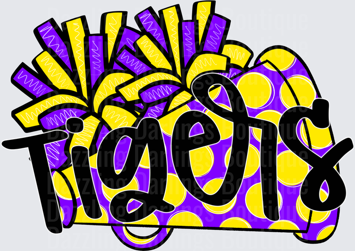 Tigers Purple and Gold Polka Dot Pom Pom Script Design