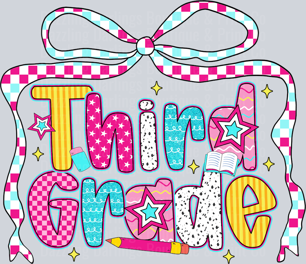 Third Grade Checkered Ribbon Bow Patterned Letters
