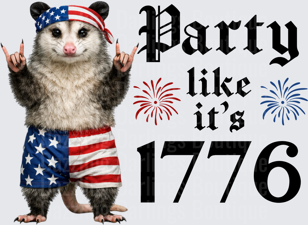 Party Like It's 1776 Patriotic Opossum with American Flag Bandana and Rock Horns
