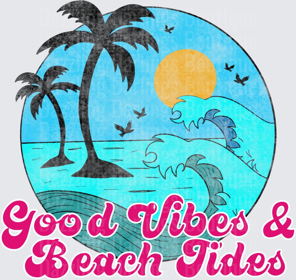 Good Vibes and Beach Tides Tropical Ocean Wave Palm Tree Scene