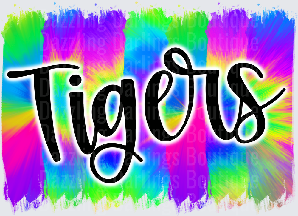 Tigers Script Lettering Rainbow Tie Dye Background