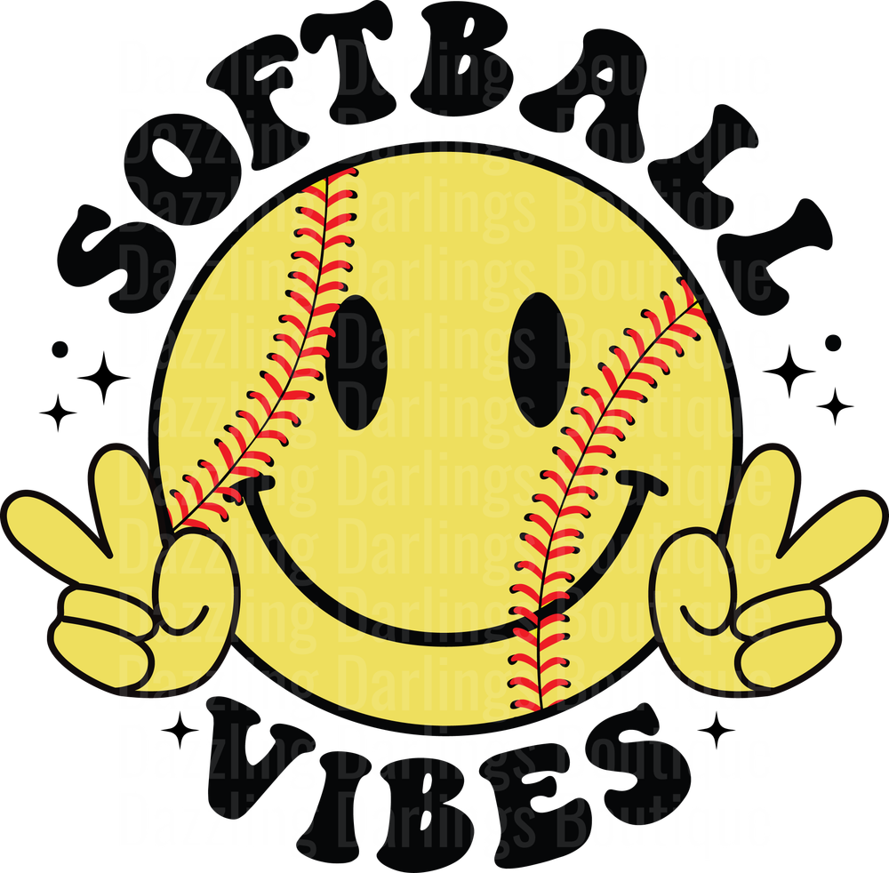 Softball Vibes Smiley Face with Peace Signs