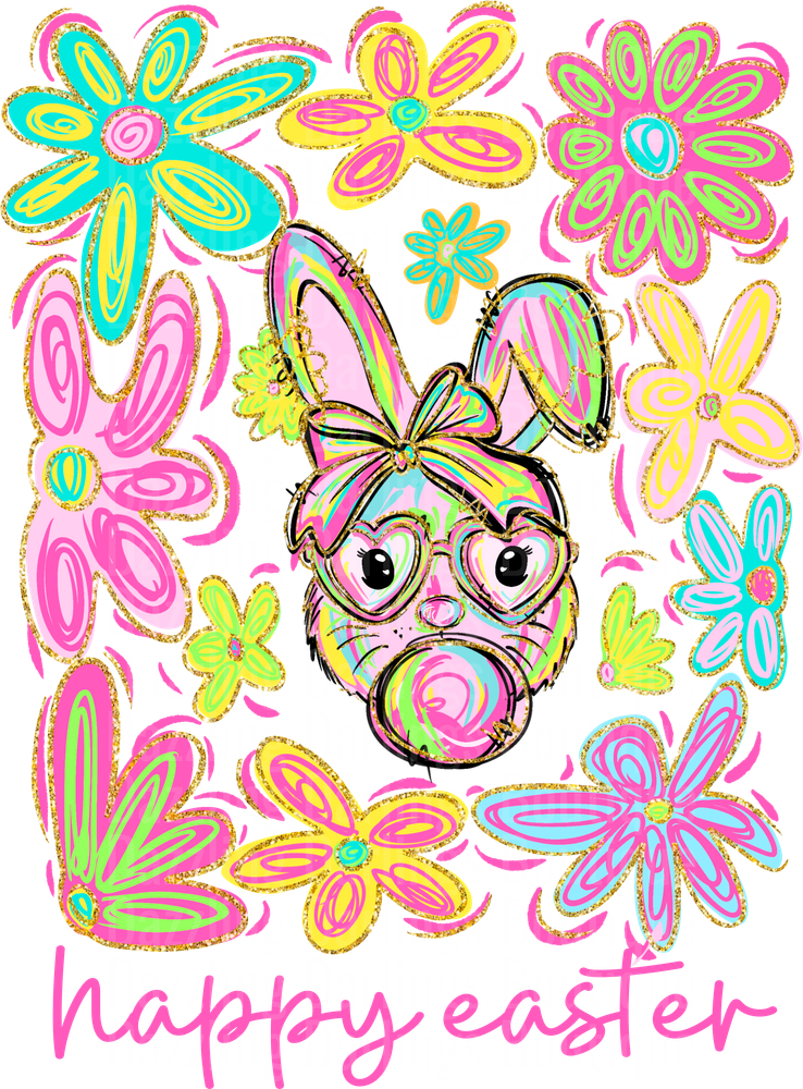 Happy Easter Bunny with Glasses and Colorful Flowers