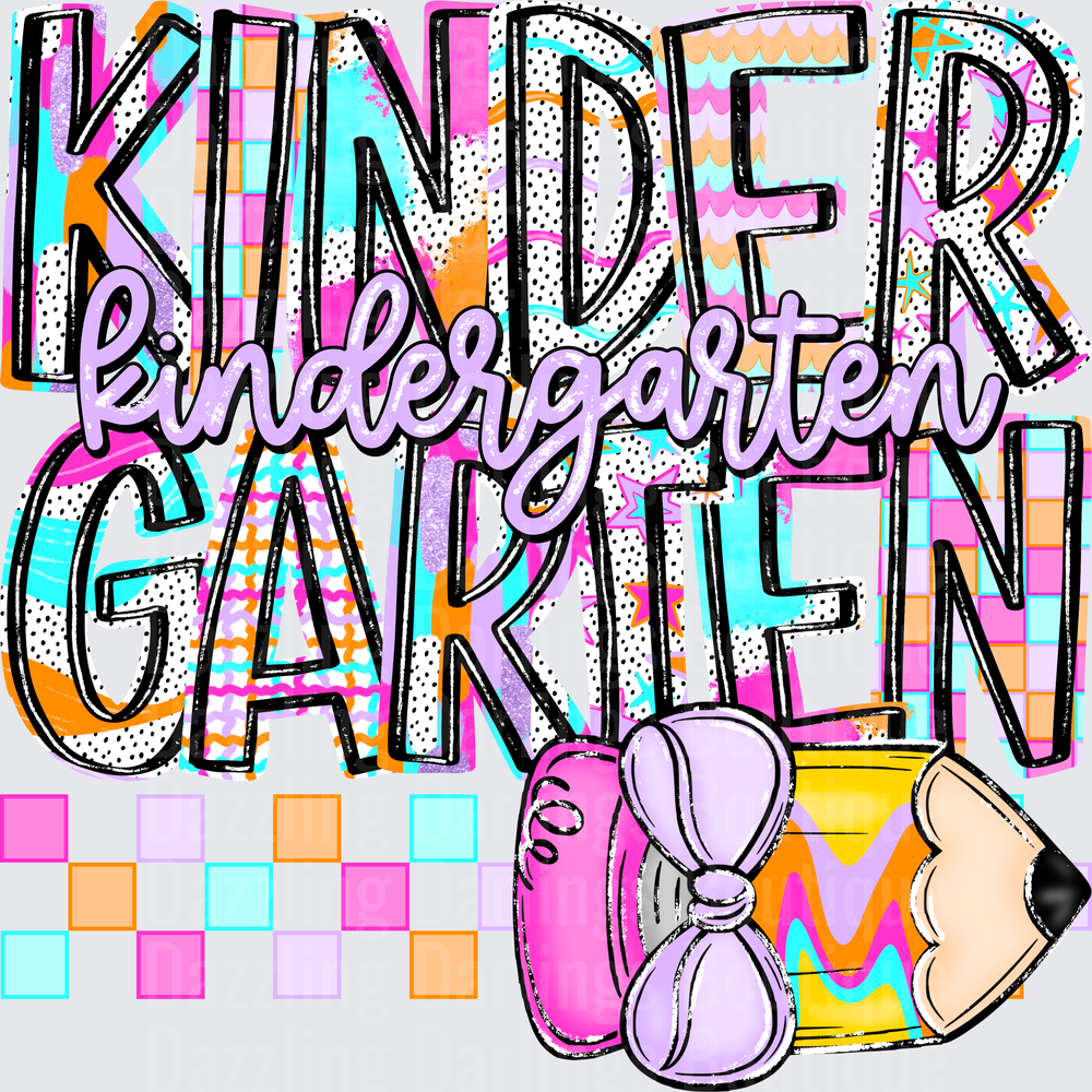 Colorful Kindergarten Bold Stacked Text with Pencil and Bow