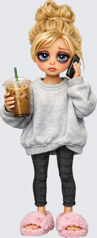 Cute Girl with Coffee and Phone in Cozy Outfit
