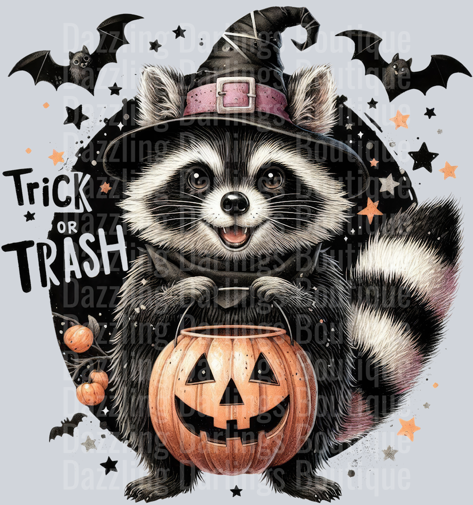 HALLOWEEN FALL DTF TRANSFER RACCOON  TRICK OR TRASH