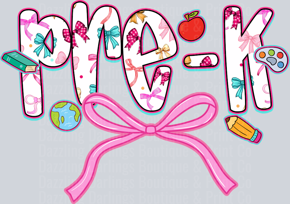 Back To School Pre-K Floral Letters Pink Bow Apple