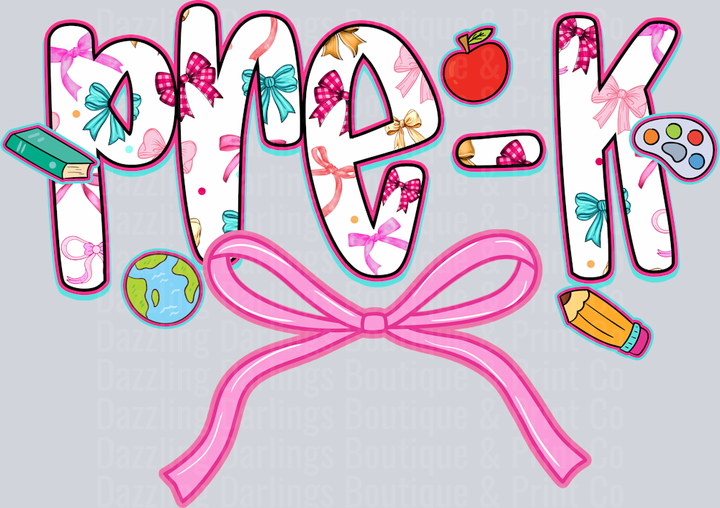 Back To School Pre-K Floral Letters Pink Bow Apple