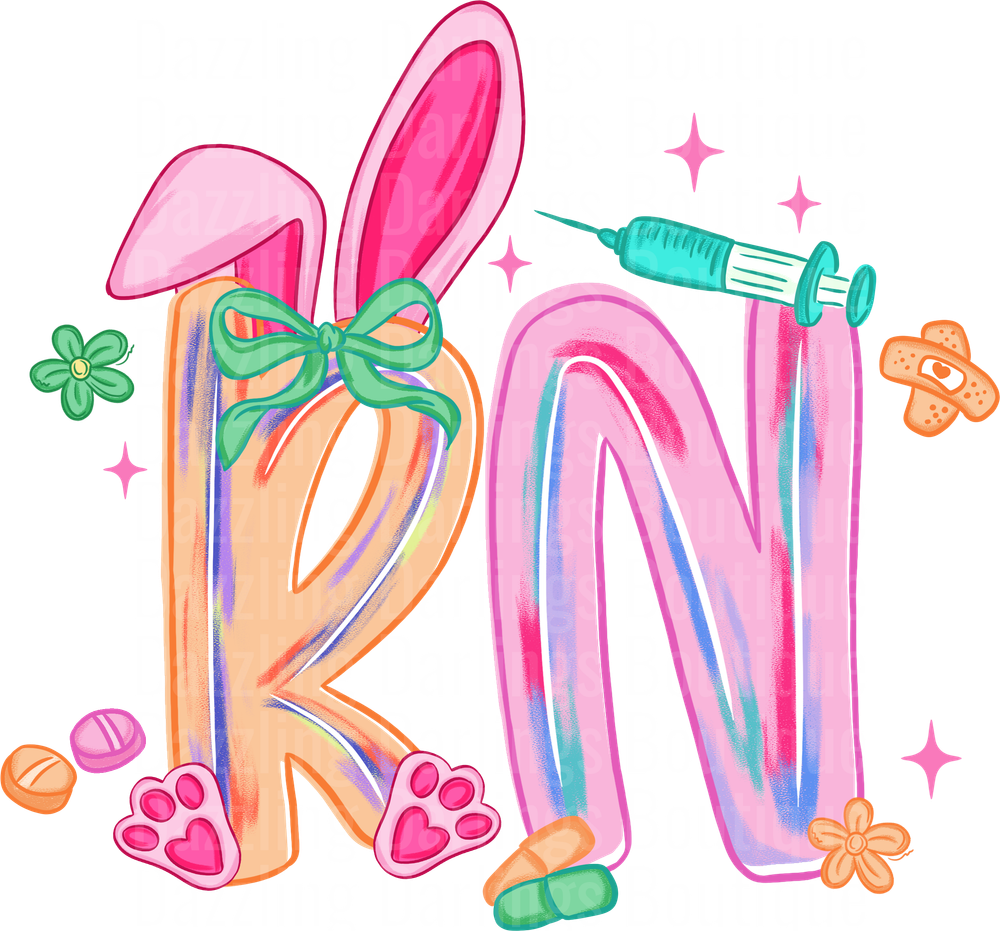 RN Registered Nurse Bunny Ears Rainbow Letters Medical Pills Syringe
