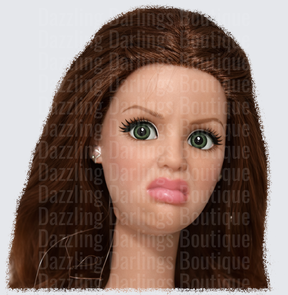 Barbie Doll Face with Green Eyes and Brown Hair Portrait