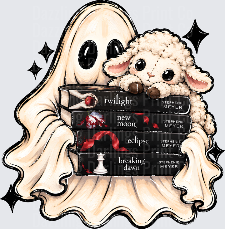 Cute Ghost and Lamb Hugging Twilight Saga Book Stack