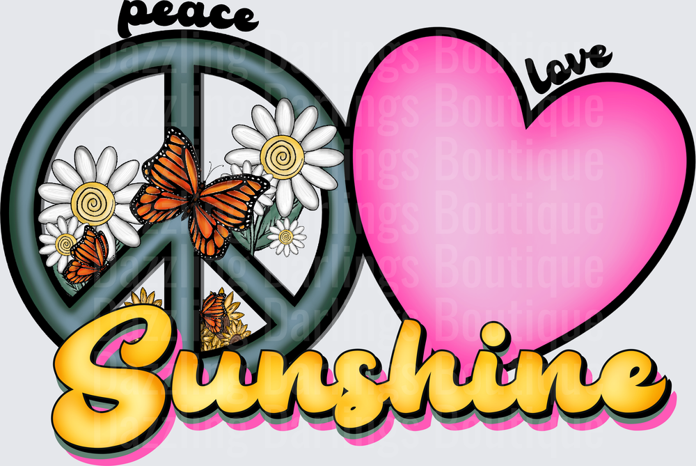 Peace Love Sunshine Hippie Design with Monarch Butterflies and Daisies