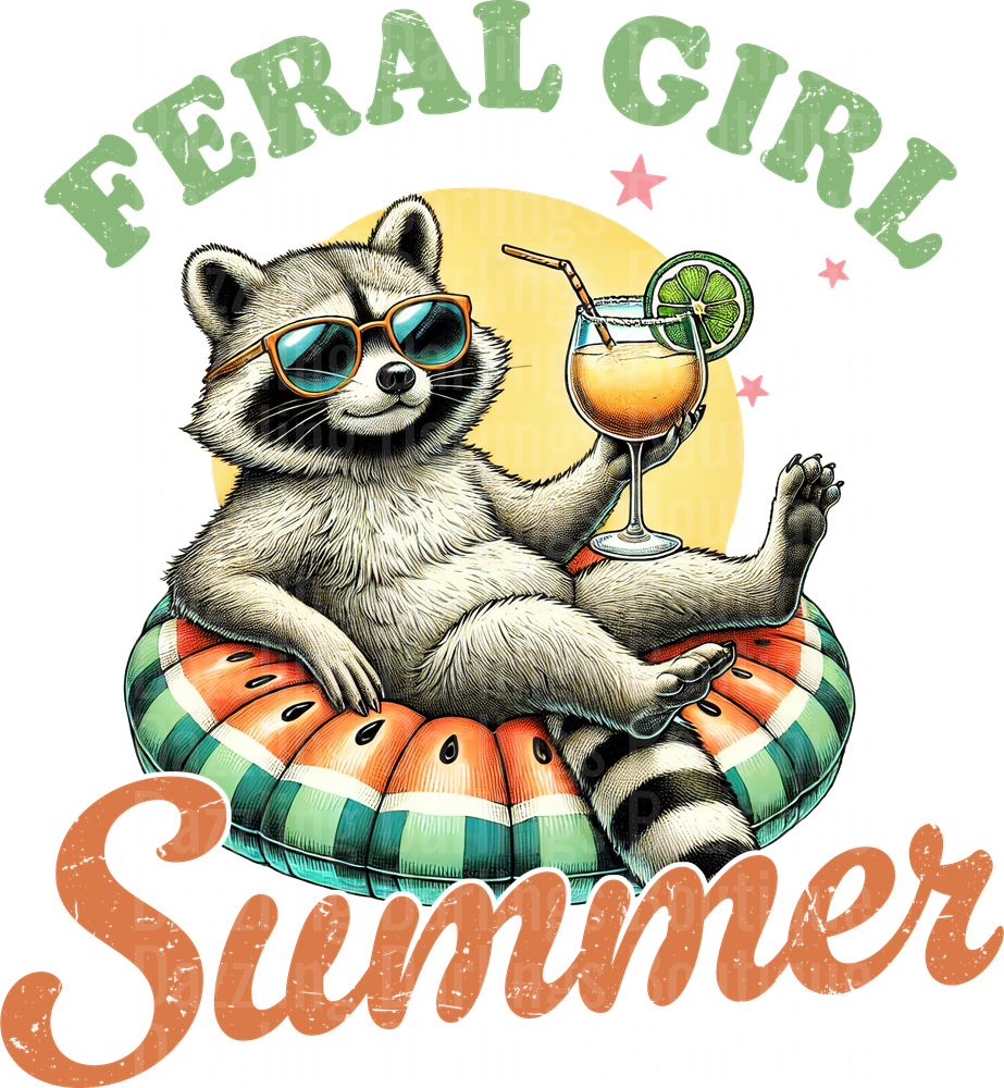 Feral Girl Summer Raccoon with Sunglasses and Cocktail on Pool Float