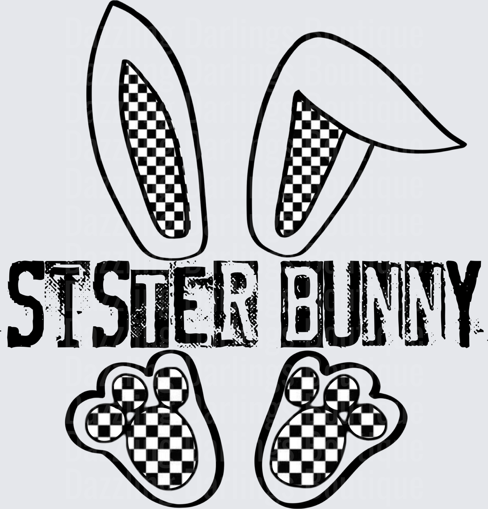 Sister Bunny Checkered Easter Rabbit Ears and Paws Design