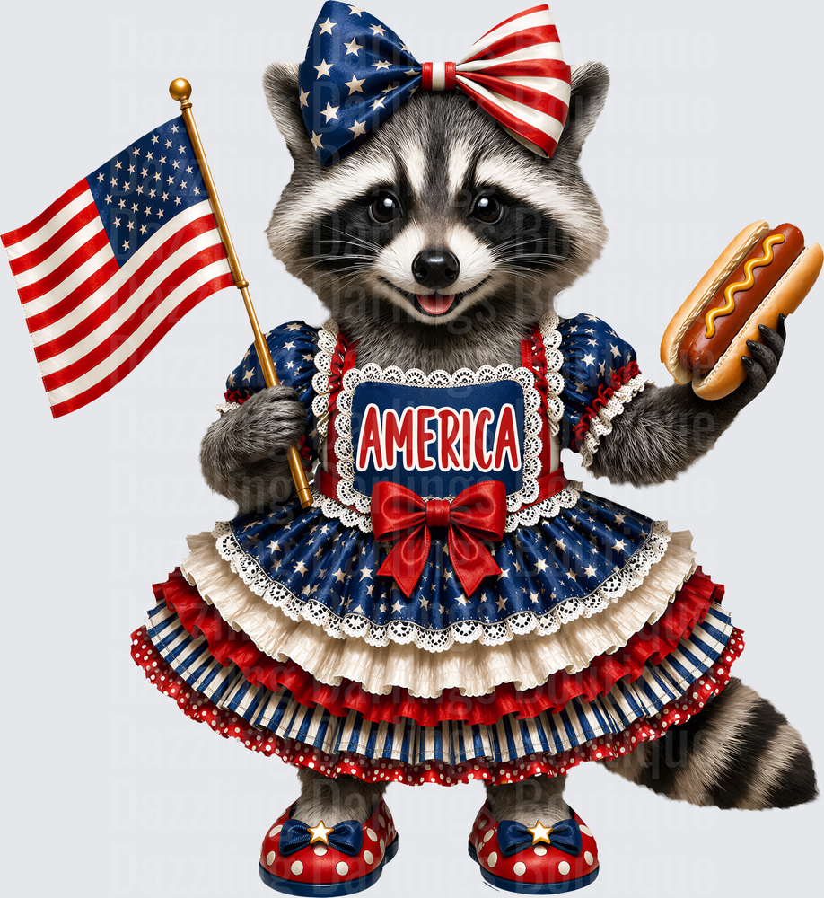 Patriotic Raccoon in American Flag Dress Holding Hot Dog and Flag