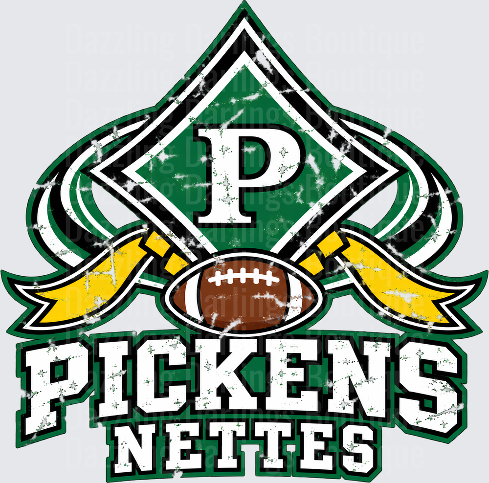 Pickens Nettes Football Distressed Green Gold Spirit Logo