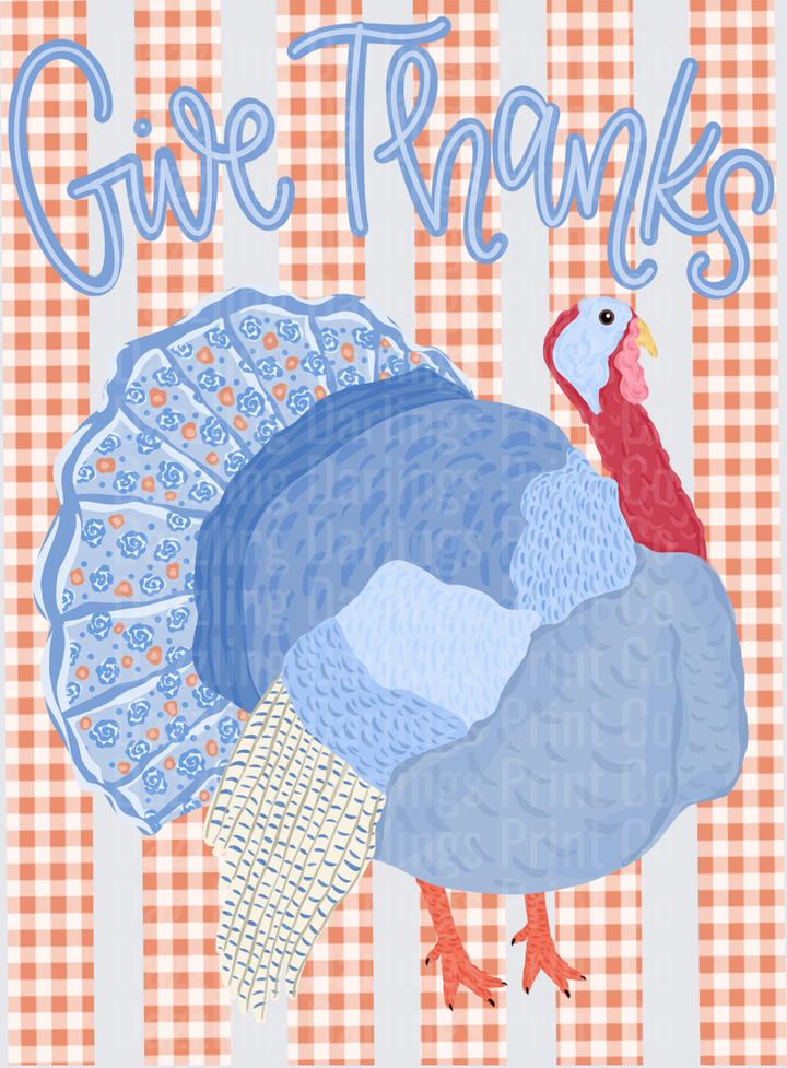 Give Thanks Floral Turkey on Orange Gingham