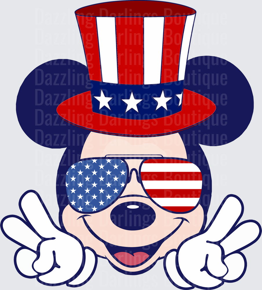 Patriotic Mickey Mouse Uncle Sam Hat American Flag Sunglasses Peace Signs