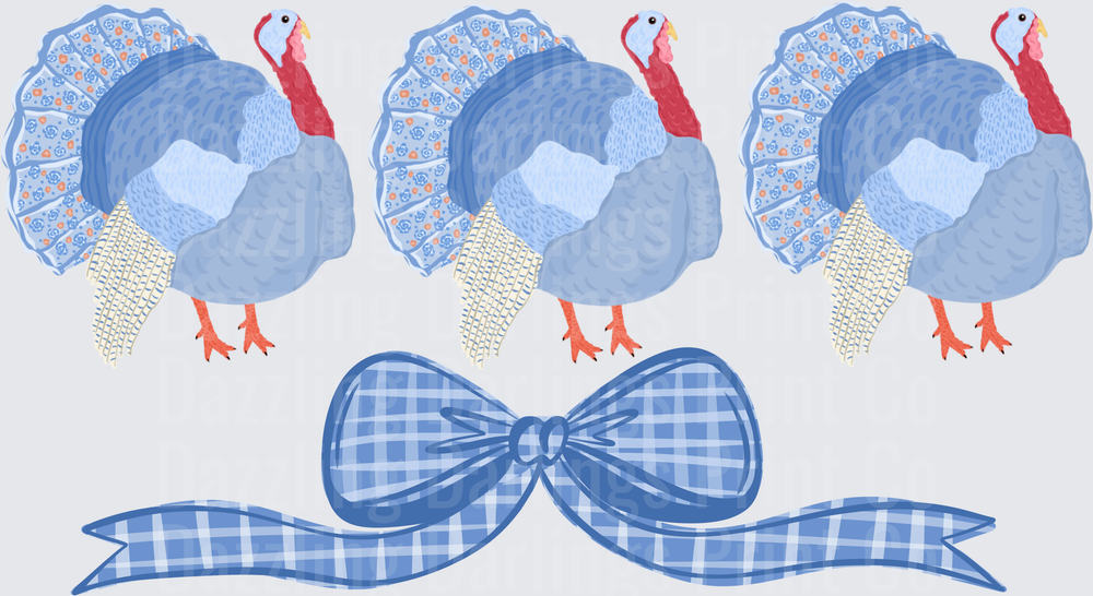 Three Blue Floral Turkeys with Gingham Bow