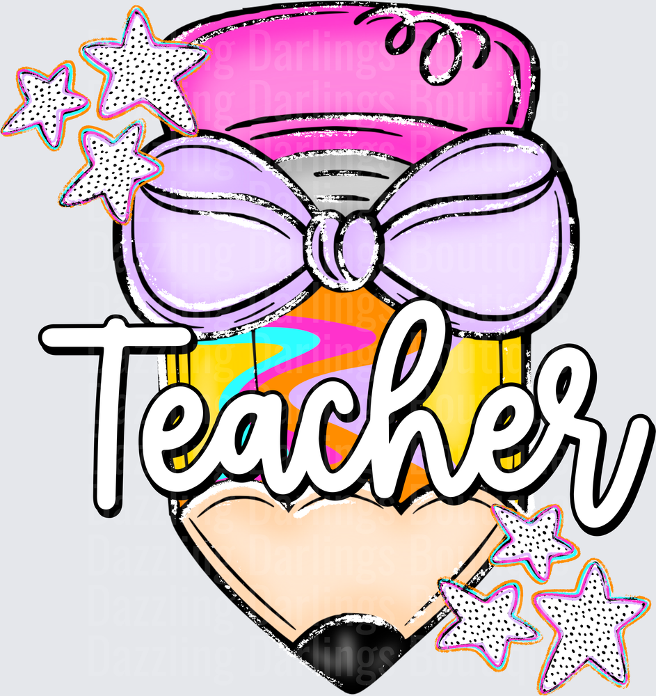Cute Teacher Pencil with Purple Bow Pink Eraser and Stars