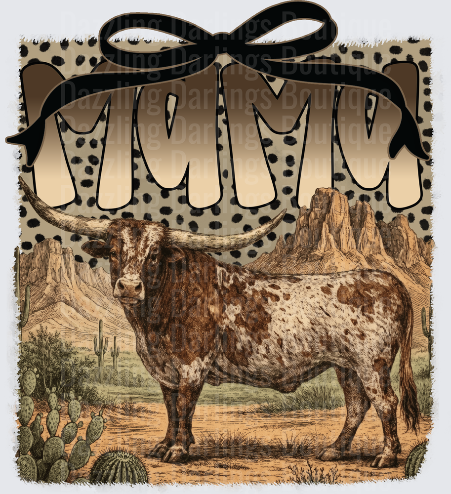 Longhorn Bull Desert Landscape with Leopard Print Mama Bow