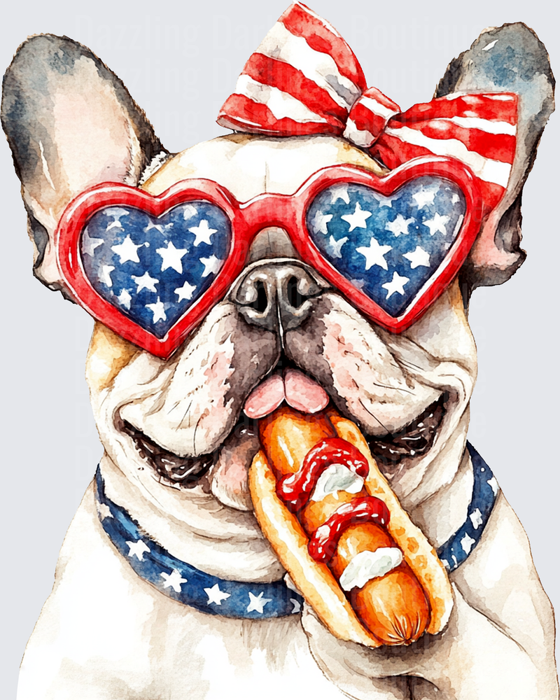 Patriotic French Bulldog Heart Sunglasses Eating Hot Dog