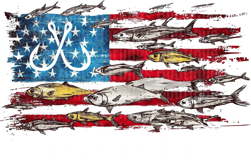 American Flag Fish Swimming with Crossed Fishing Hooks