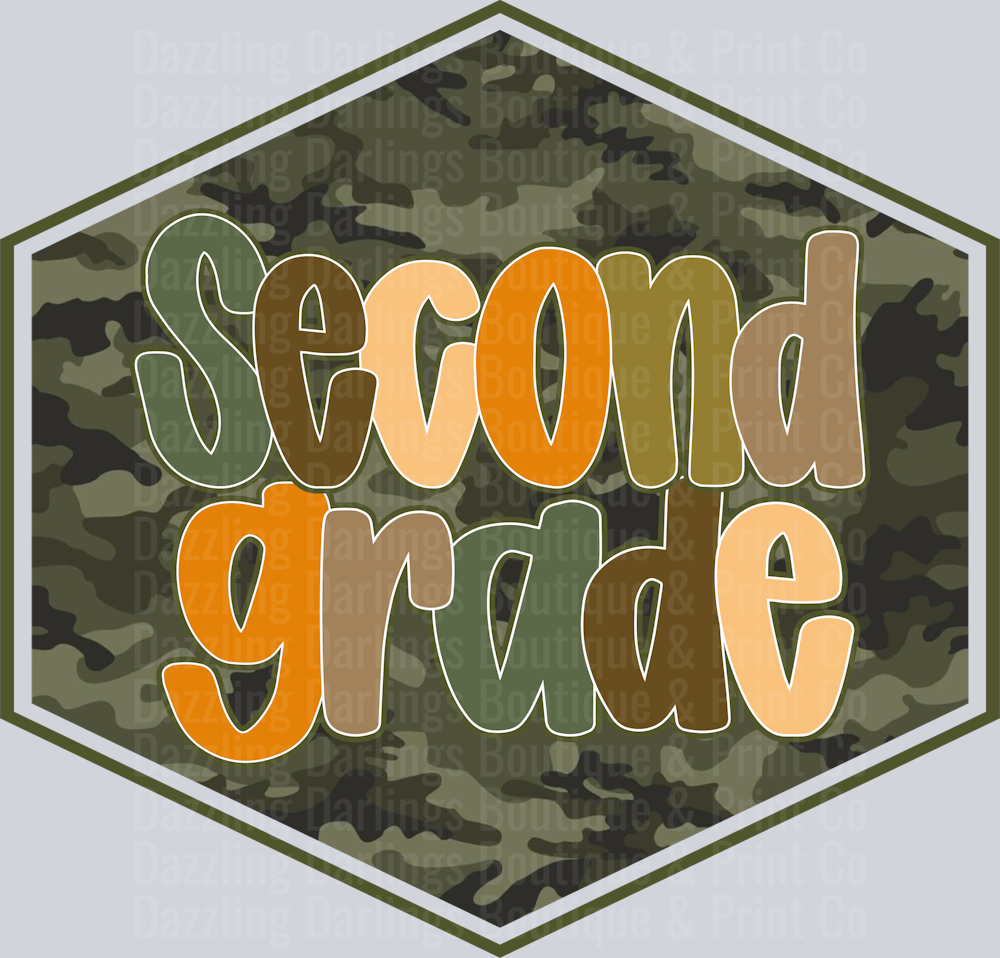 Second Grade Camo Hexagon Badge Orange Green Letters