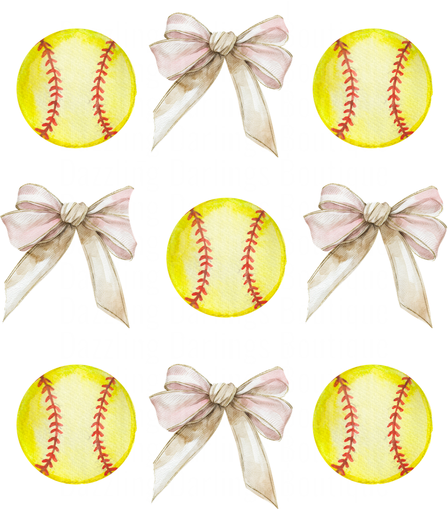 Watercolor Softballs with Pink Ribbon Bows Pattern